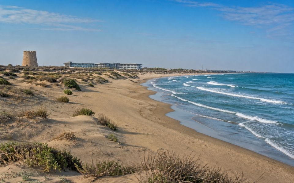 The Caspian coast, sandy beach and natural landscape of the Absheron Peninsula
