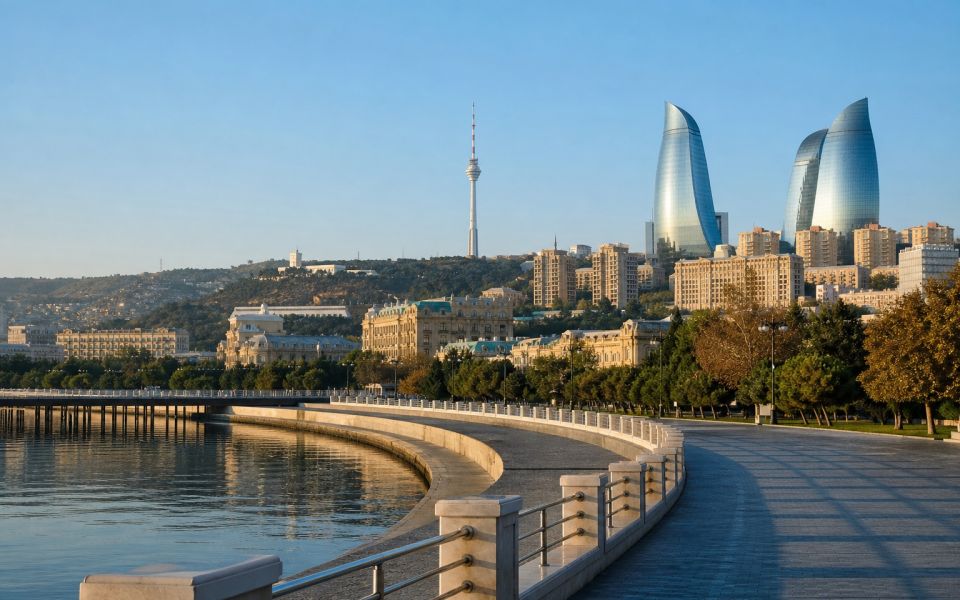The Caspian Embankment, the Old City, and the modern panorama of Baku