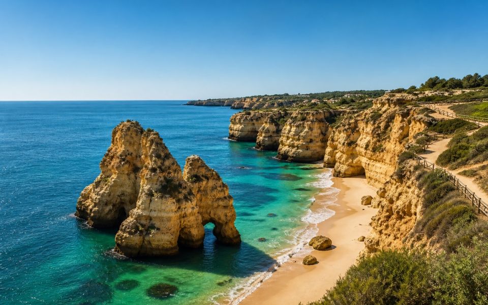 Golden cliffs, sea arches and the Atlantic Ocean in the Algarve