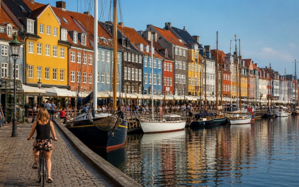 Nyhavn's colorful facades, boats, and cyclists in Copenhagen