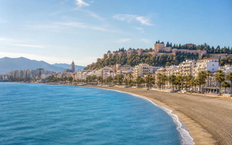 Malaga, the sandy coastline and mountains of the Costa del Sol in Andalusia