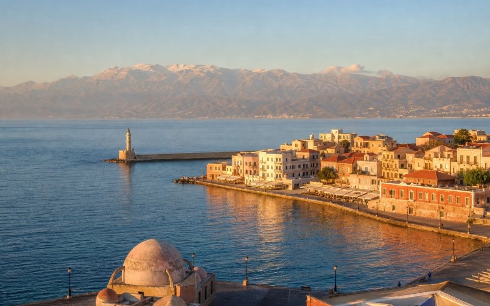 Chania's Venetian harbor, lighthouse, and the White Mountains of Crete