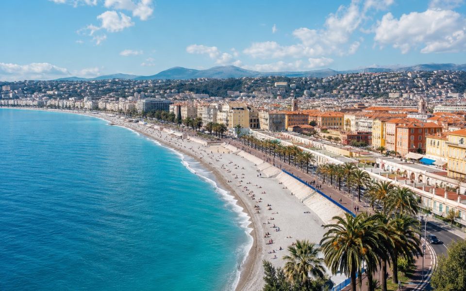 The turquoise Mediterranean Sea and the Nice promenade on the Côte d'Azur