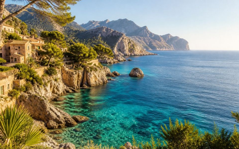 A turquoise bay, limestone cliffs, and pine trees in Mallorca