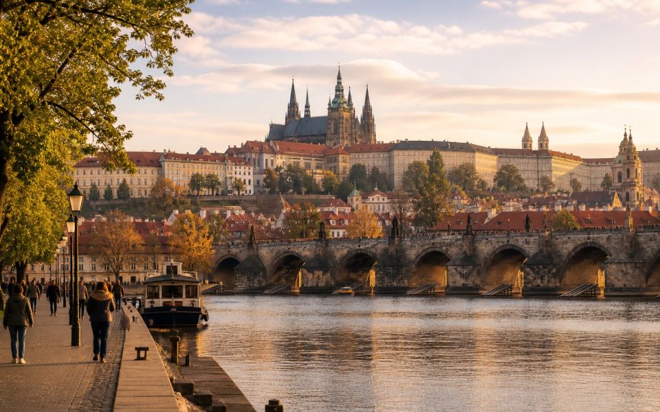 Charles Bridge, Prague Castle, and the red roofs of historic Prague