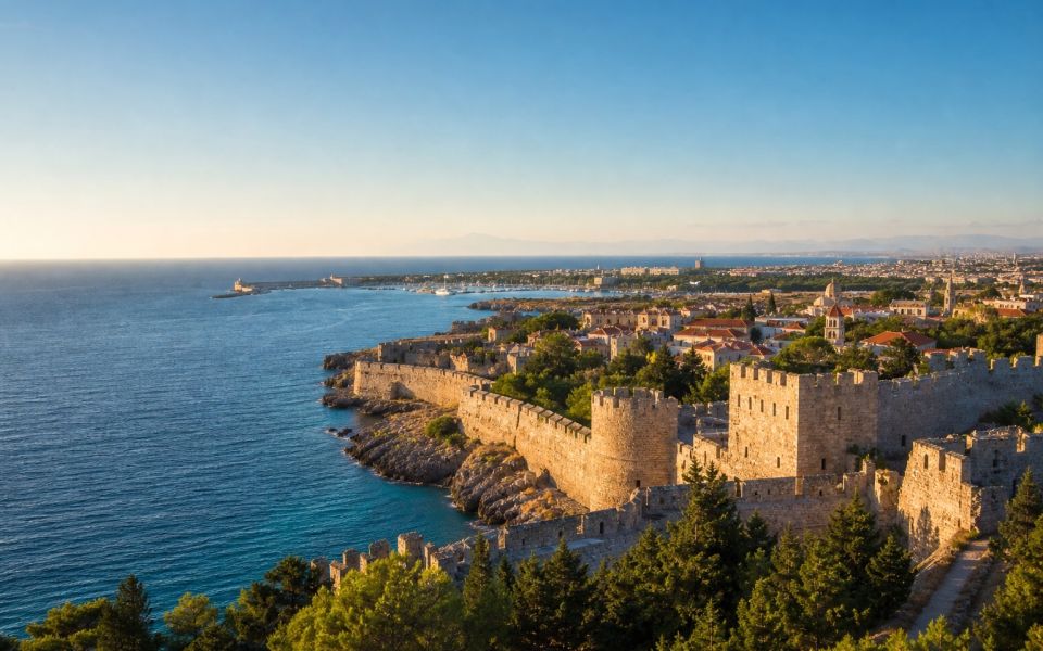 The medieval city of Rhodes, its fortified walls and the Aegean Sea