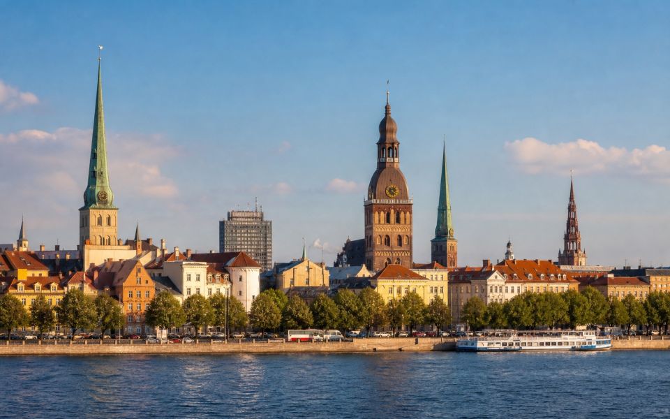 The silhouette of Old Riga, cathedral towers, and the Daugava River embankment