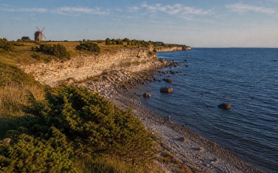 Limestone coastline, juniper trees and traditional mills on the island of Saaremaa