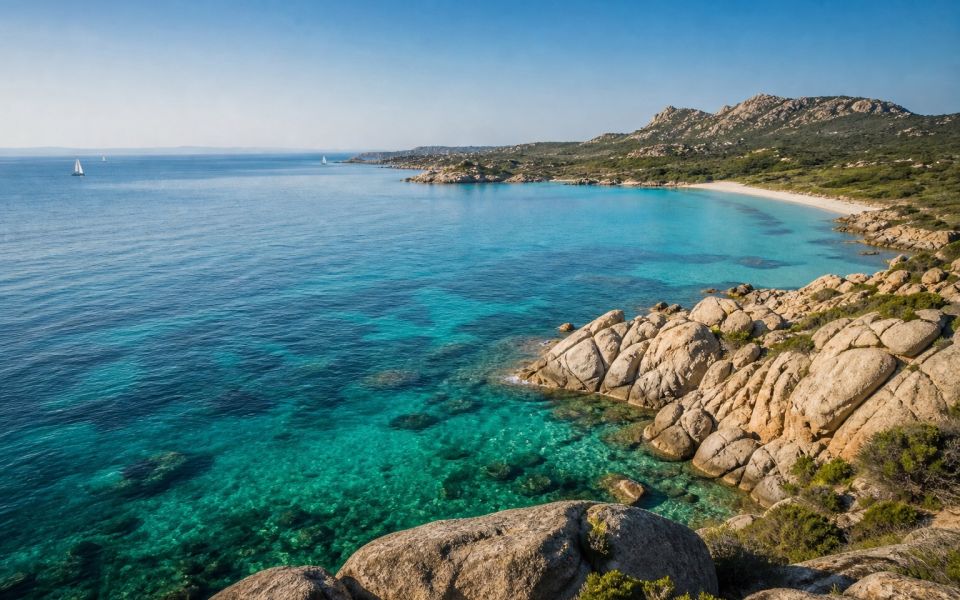 Emerald Bay, granite cliffs and white sand of Sardinia
