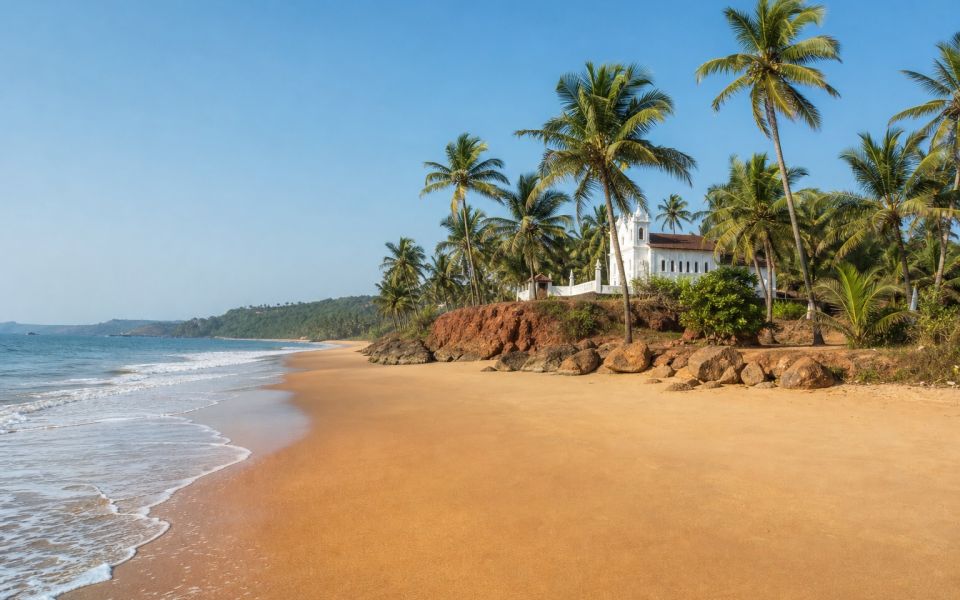 Sandy beaches, palm trees, and Portuguese architecture in Goa, India