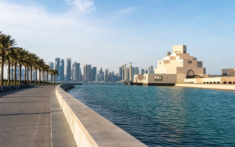The Corniche, museum architecture, and panorama of Doha in Qatar