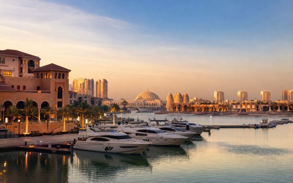 The Pearl Marina, the promenade, and the architecture of Katara Cultural Village in Doha