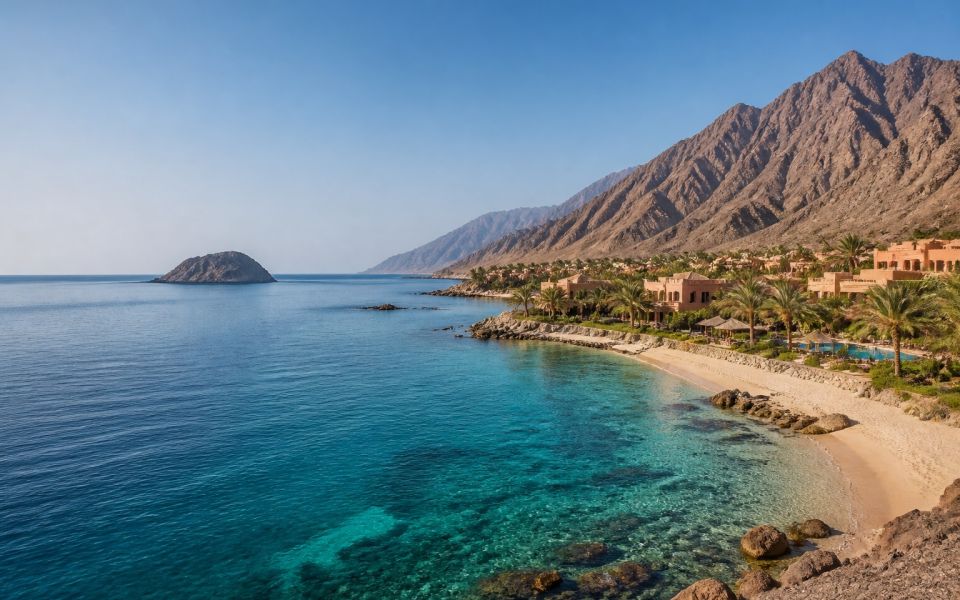 Бирюзовое Оманское море, пляж Аль-Ака и горы Хаджар в Фуджейре