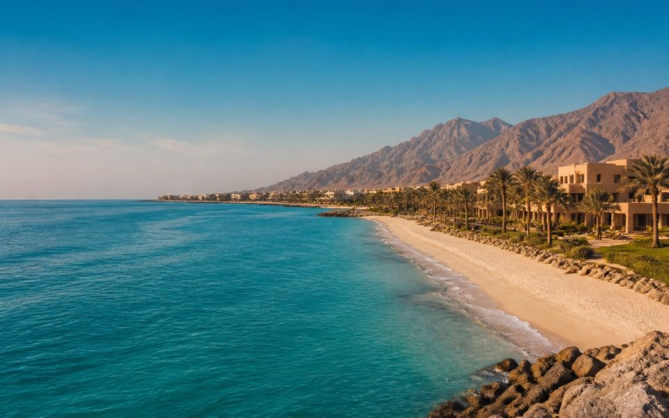Пляжный resort, Персидский залив и горы Хаджар в Рас-эль-Хайме