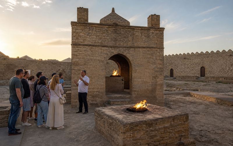 A tour of the courtyard of the Ateshgah Fire Temple