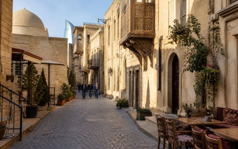Stone Street, balconies, and ancient houses of Icheri Sheher in Baku
