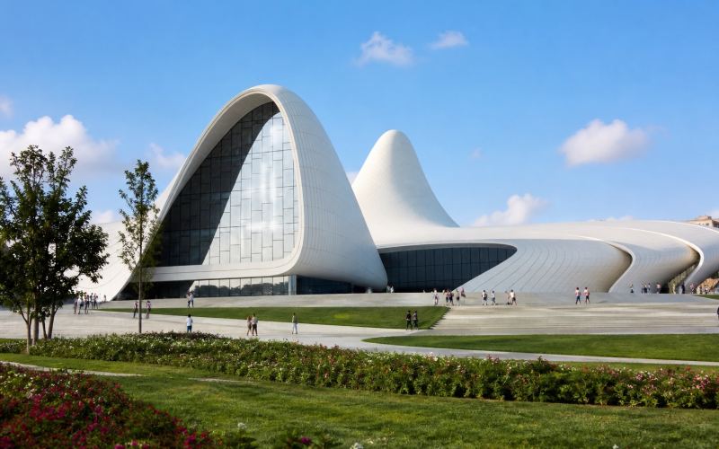 The smooth white forms of the Heydar Aliyev Center in Baku