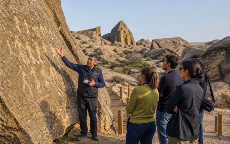 A tour to the ancient petroglyphs among the rocks of Gobustan near Baku