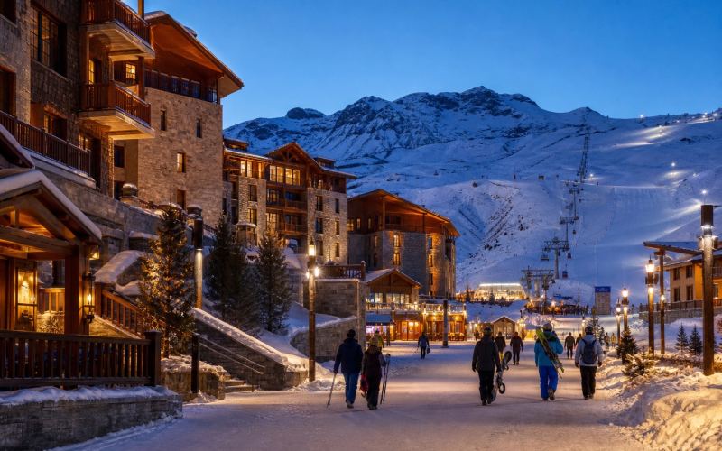 Snow-covered hotels, a pedestrian street, and the Shahdag ski lifts in the evening