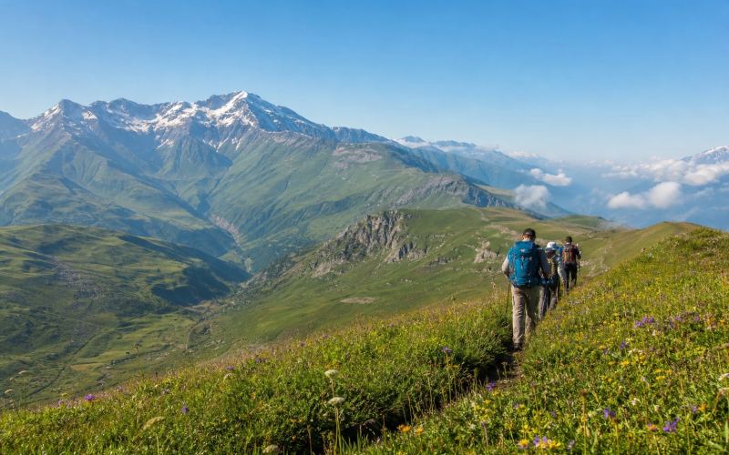 Tourists walk along a summer trail among the alpine meadows of Shahdag