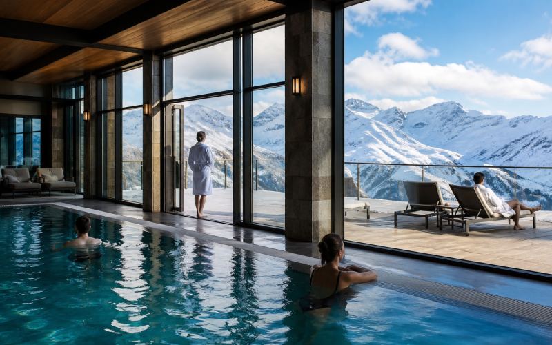 A mountain spa pool overlooking the snow-capped peaks of Shahdag