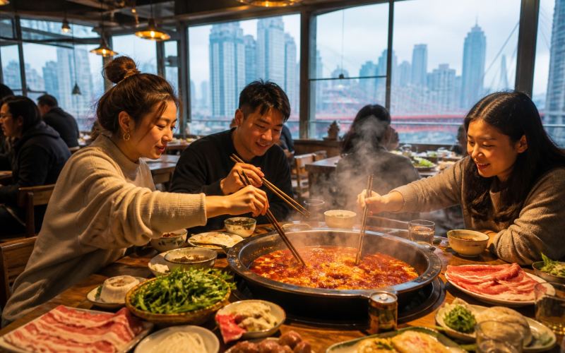 Friends sample spicy hotpot at a restaurant overlooking Chongqing