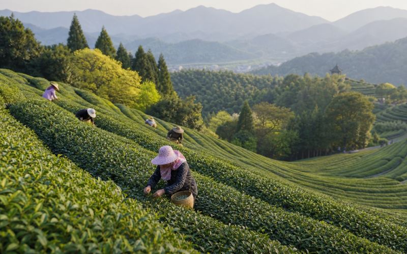 Picking tea leaves on the green terraces of Longjing near Hangzhou