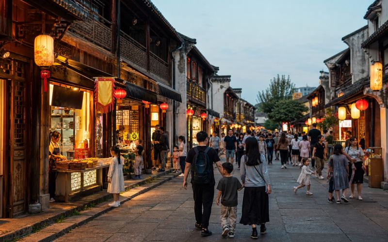 The historic Hefang Street with lanterns and evening shops