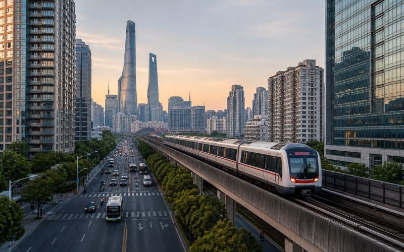 Поезд метро среди современных кварталов делового Шанхая