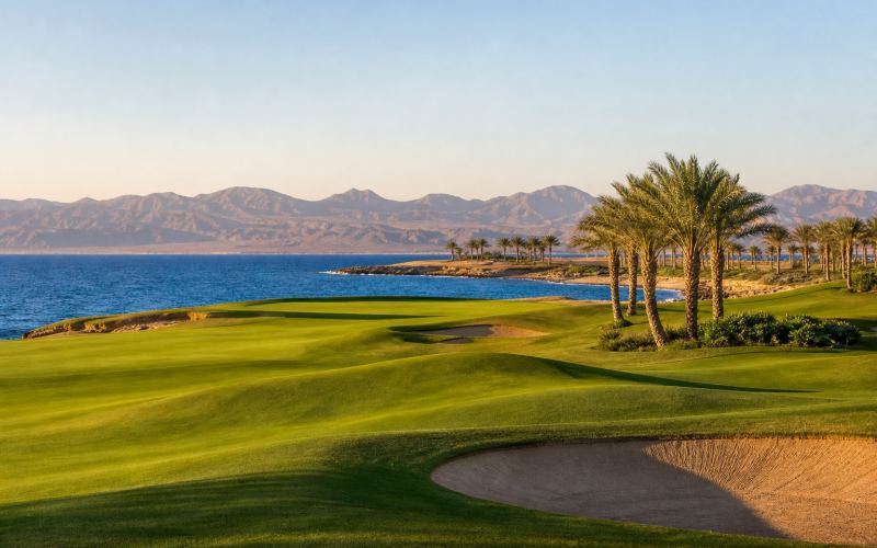 A golf course overlooking the Red Sea and mountains on the Soma Bay Peninsula