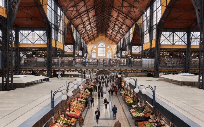 Shopping arcades under the arches of the Central Market Hall in Budapest