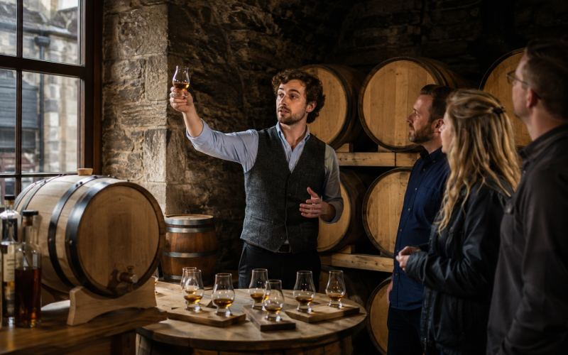 A tasting room with oak barrels in Edinburgh