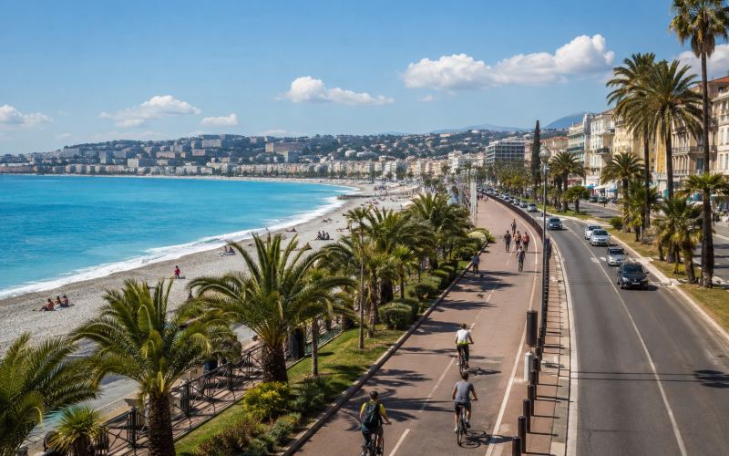 The Promenade des Anglais, palm trees, and turquoise sea in Nice