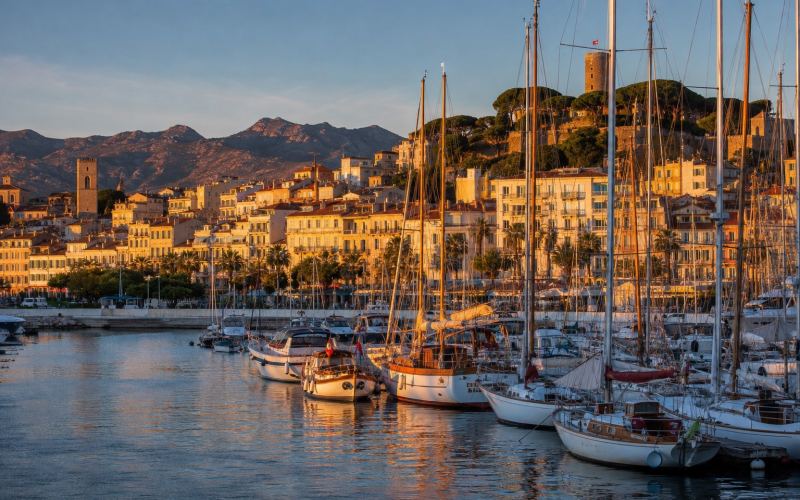 Yachts and the city's waterfront in the old port of Cannes
