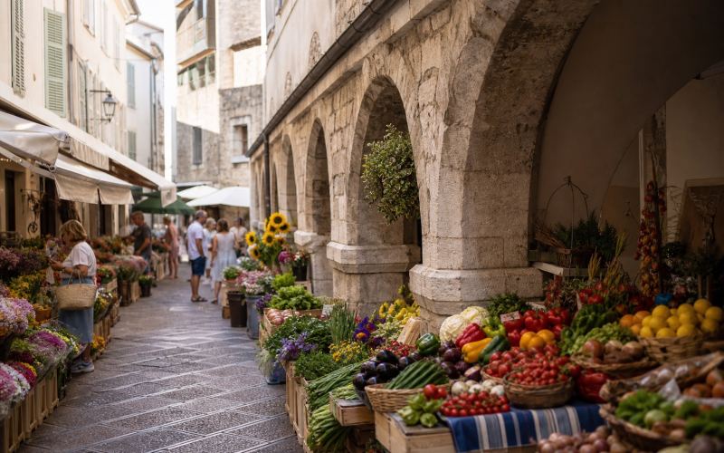 Flowers and farm produce at the Old Antibes market