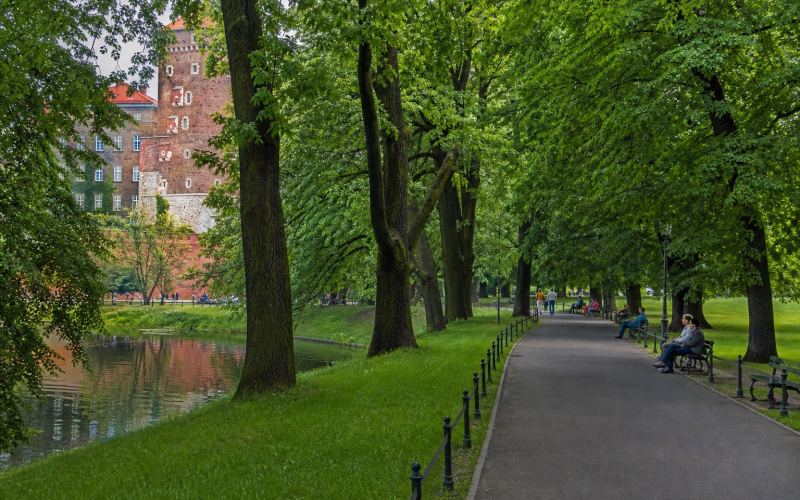 The green promenade of Planty Park around Old Krakow