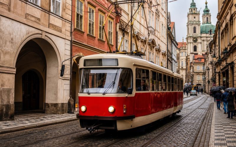 A city tram on a historic street in Prague
