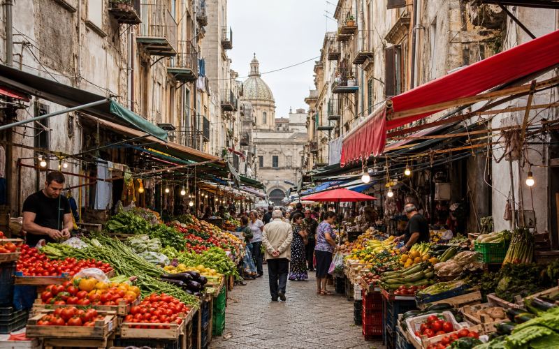 Vegetable stalls and ancient facades at Palermo's market