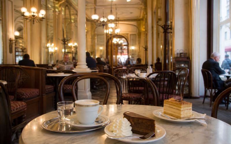 The interior of a traditional Viennese coffee house with marble tables