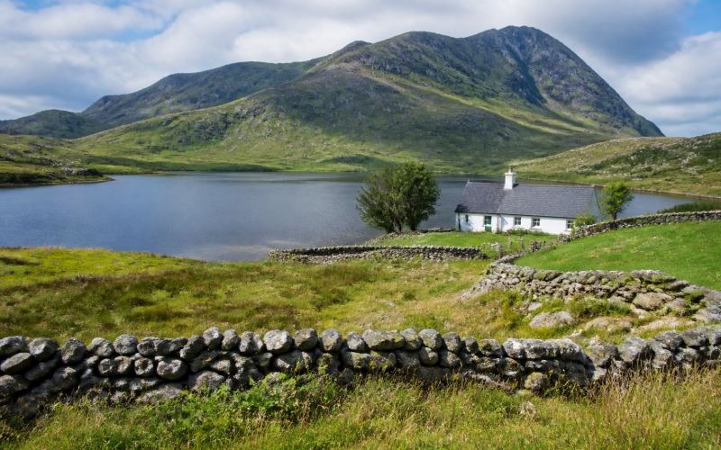 The lake, mountains and stone walls of the Connemara region