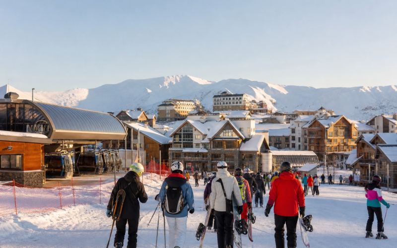 Gondola, skiers, and snow-covered hotels in New Gudauri