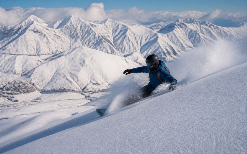 A snowboarder on fresh snow against the backdrop of the Caucasus Mountains in Gudauri