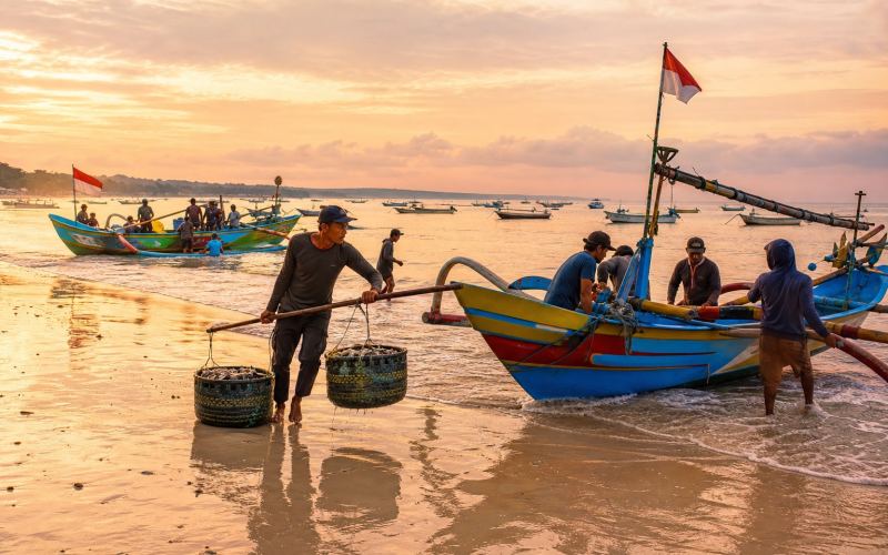 Fishermen unload brightly coloured wooden boats at dawn in Jimbaran