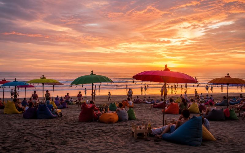 Bright beach umbrellas, soft chairs, and travelers at sunset in Seminyak