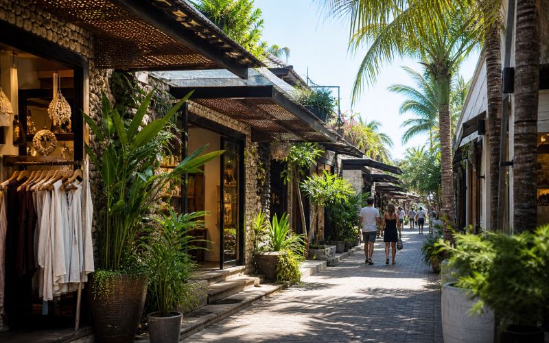 Boutiques with Balinese touches and a leafy pedestrian street in Seminyak
