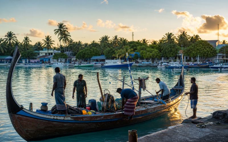 Fishermen prepare a traditional dhoni boat at Ukulhas port at dawn