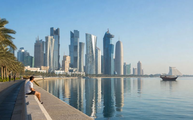 West Bay's modern towers are reflected in the calm waters of Doha Bay