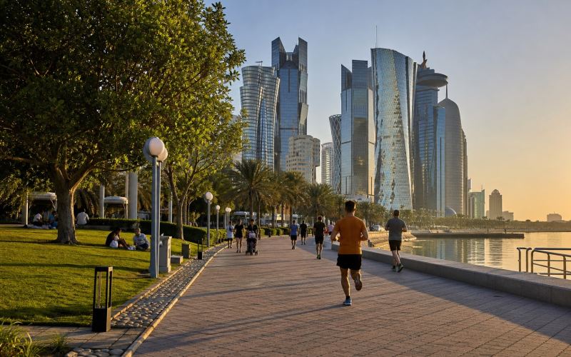Running tracks, green lawns, and West Bay towers near Sheraton Park