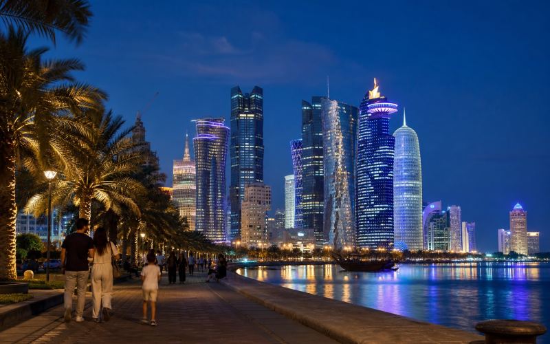 Illuminated West Bay skyscrapers and palm-lined promenade at night