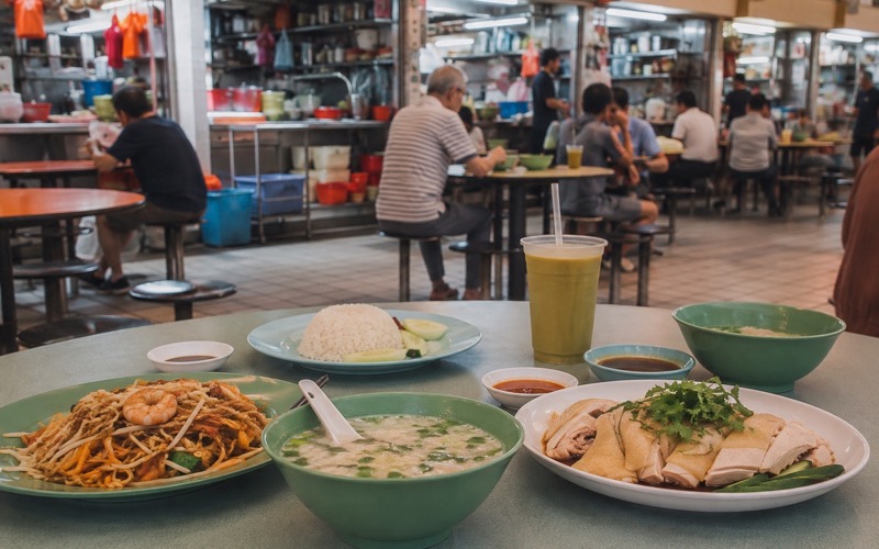 Традиционный hawker centre с блюдами сингапурской кухни
